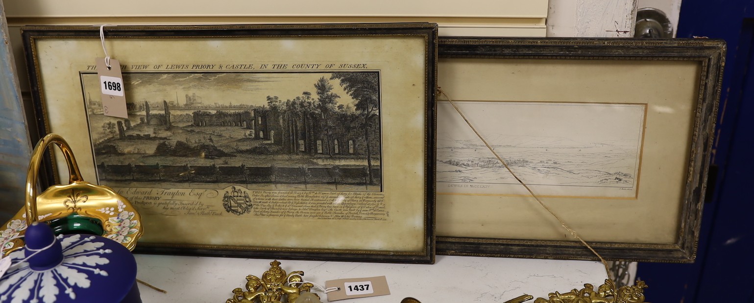 S & N Buck, engraving, View of Lewes Priory and Castle 1737, overall 26 x 45cm, and an engraving Lewes in MCCLXIV, 11 x 38cm